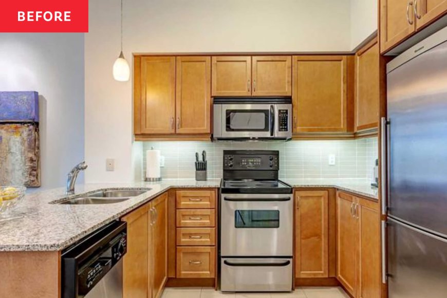 A Once-Dated Orange-Toned Kitchen Gets a Calm, Modern Refresh
