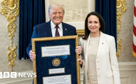 Venezuelan Nobel Peace Prize winner presents her medal to Trump
