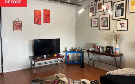 This Plain Living Room Got a Hot Pink Makeover — Plus a “Grand Library Wall”