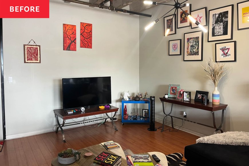 This Plain Living Room Got a Hot Pink Makeover — Plus a “Grand Library Wall”