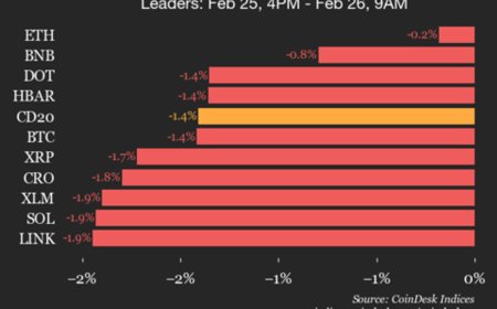 CoinDesk 20 performance update: index falls 1.4% as all constituents trade lower