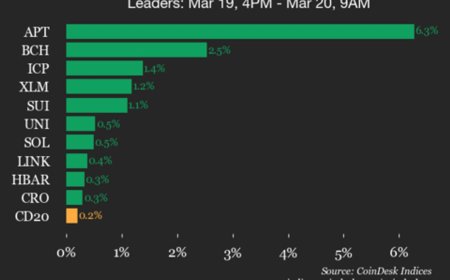 CoinDesk 20 performance update: Aptos (APT) gains 6.3% as index rises